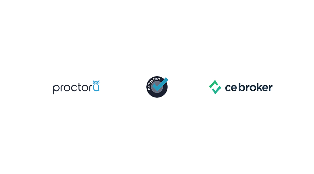 ProctorU, BadgeCert and CE Broker logos
