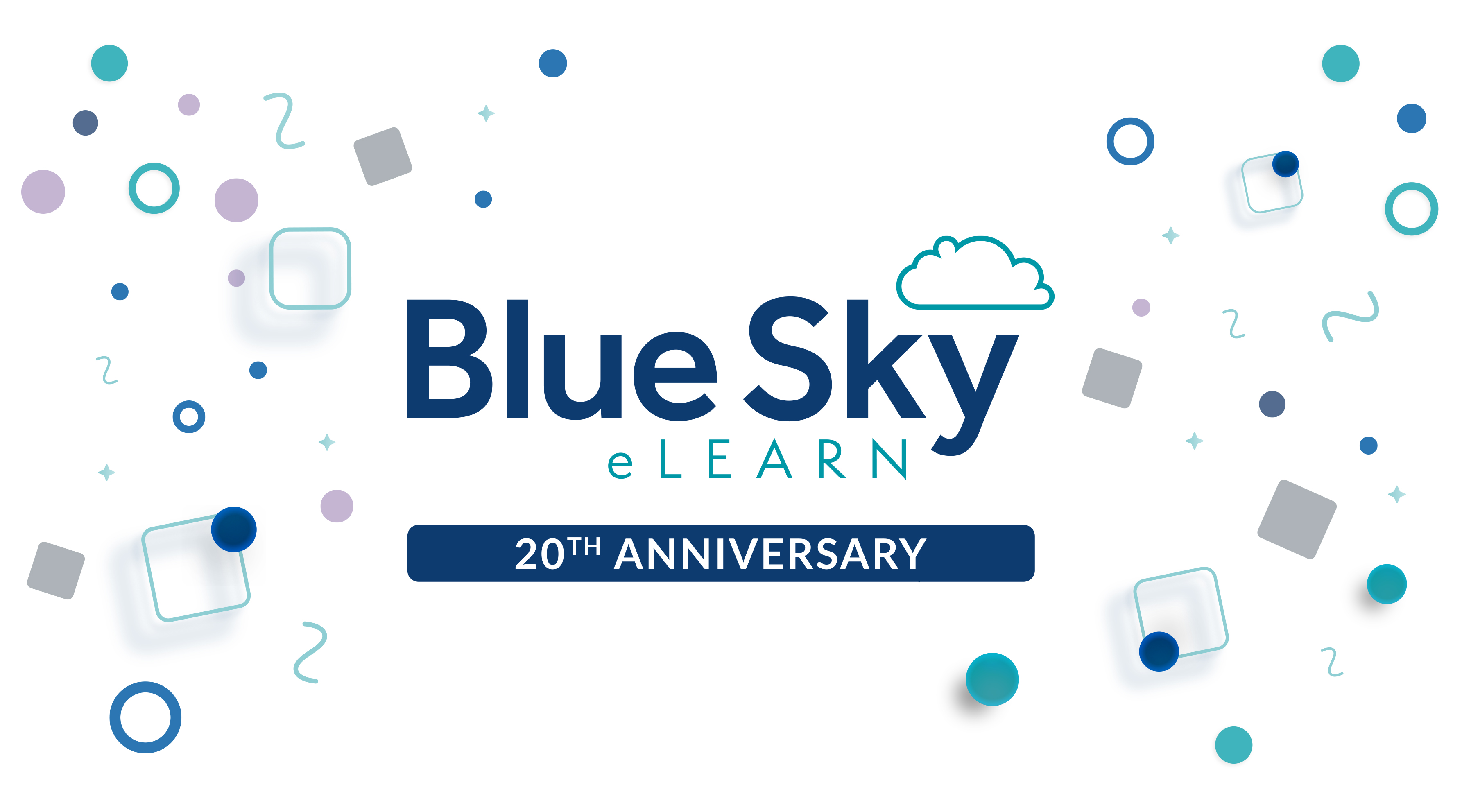 Blue Sky eLearn's 20th Anniversary logo with confetti