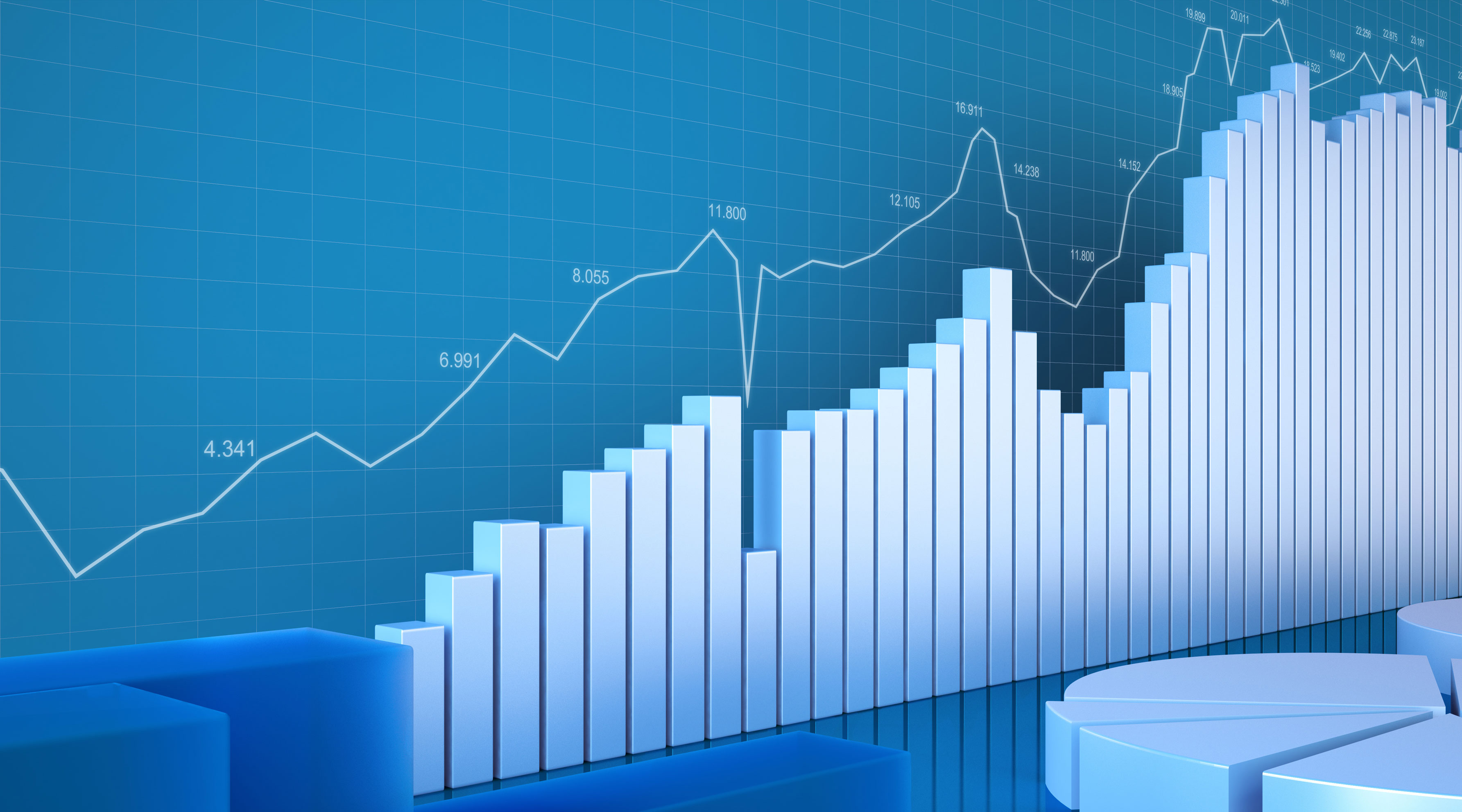 Stylized illustration of bar graphs and pie charts