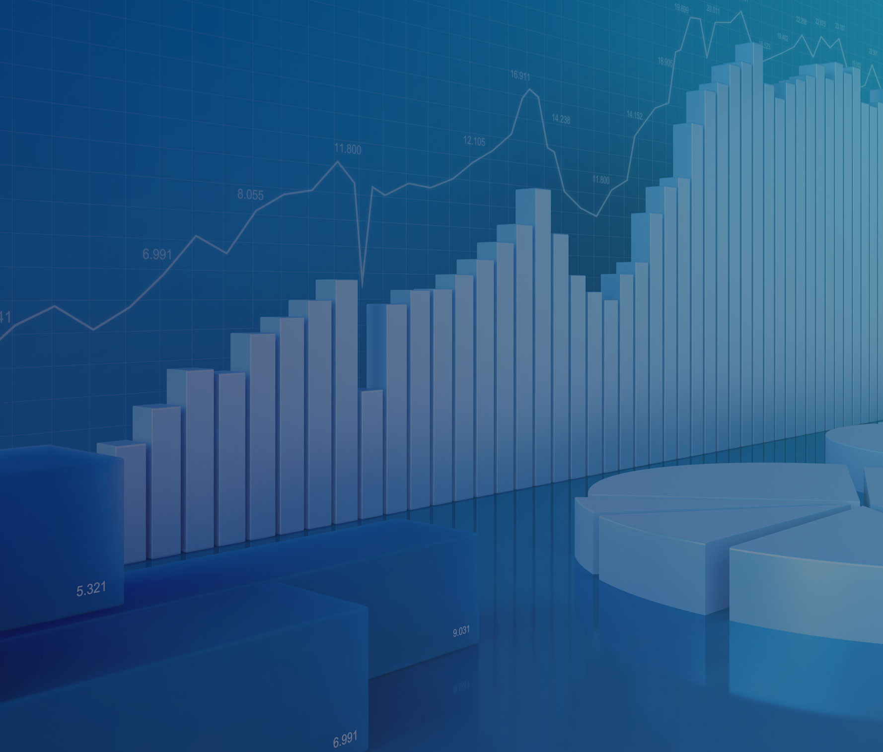 Stylized illustration of bar graphs and pie charts