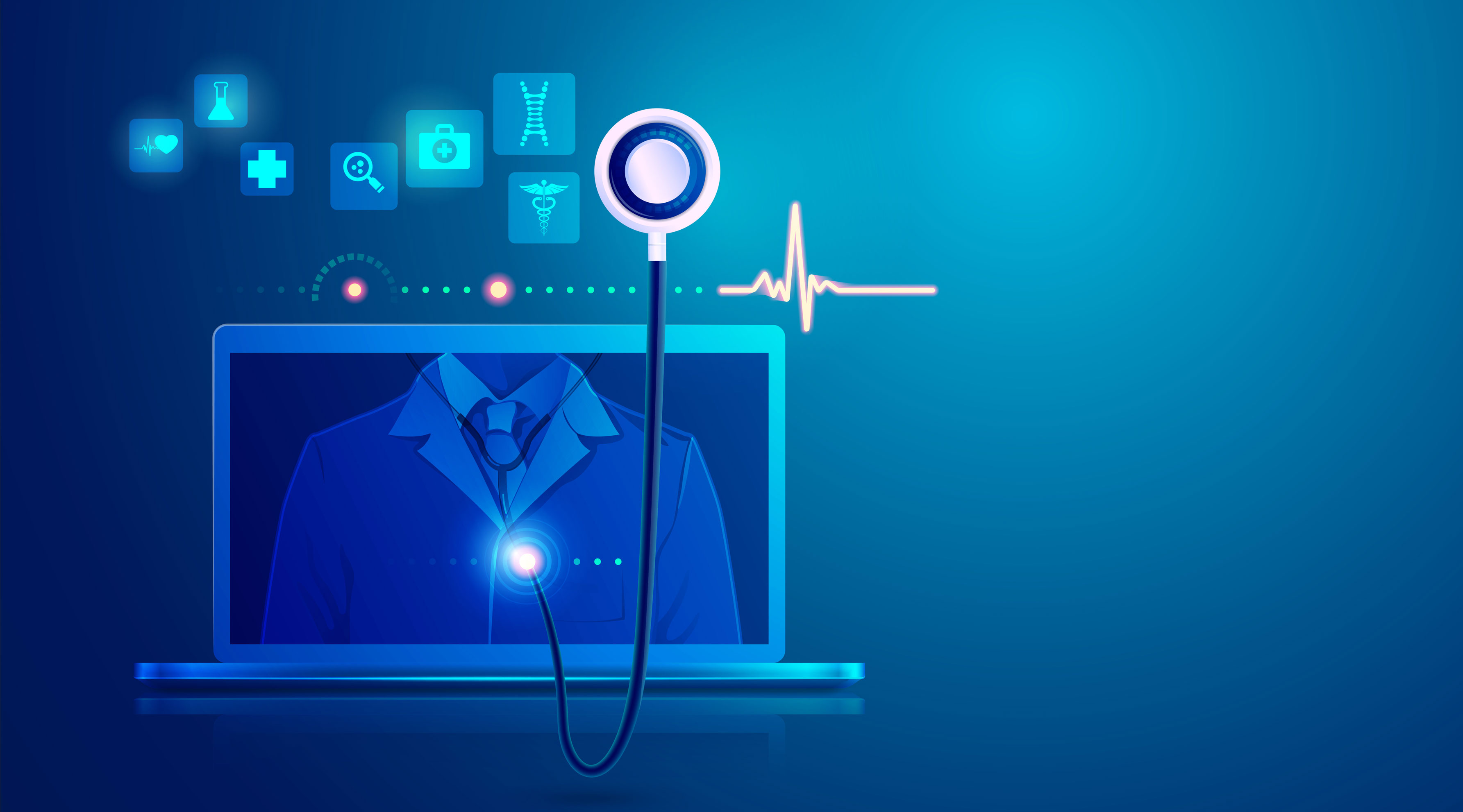 Stylized image of laptop with various healthcare icons