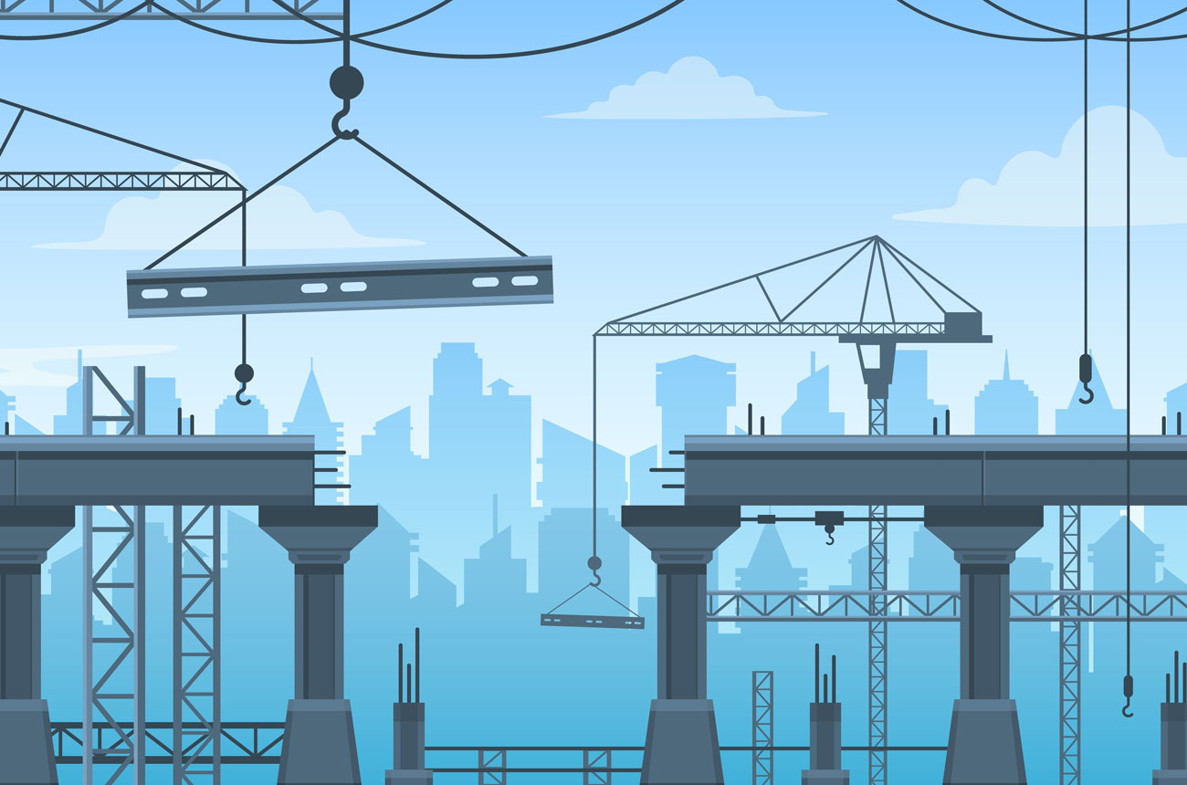 Illustration of bridges being constructed with a city skyline in the background