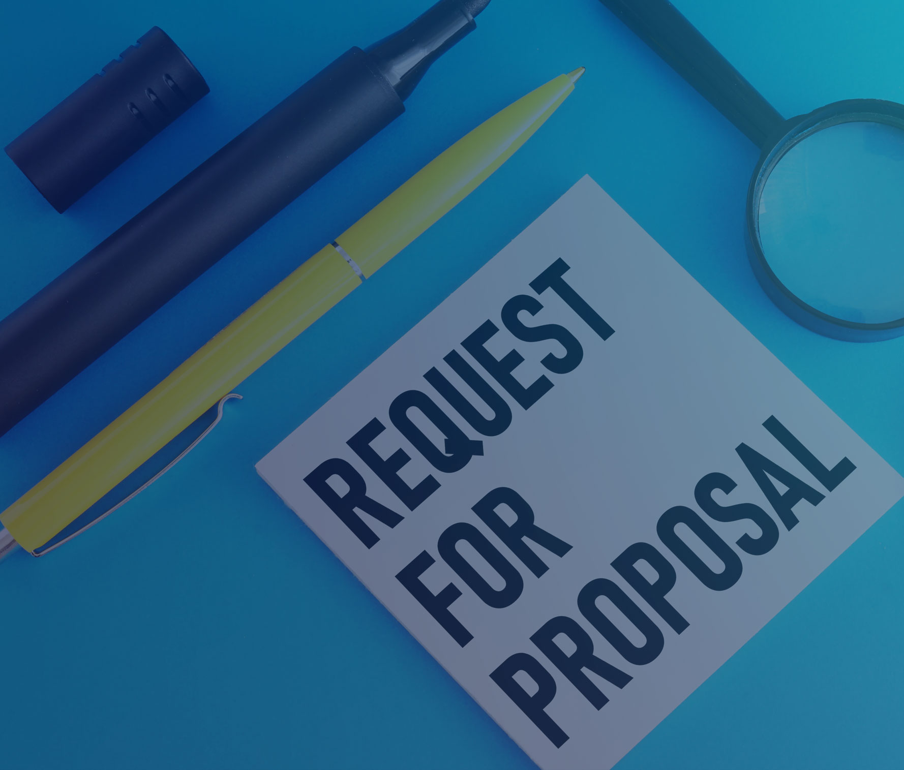 A flat lay image on a bright blue background featuring office supplies and a white card with "REQUEST FOR PROPOSAL" written on it. The items include a black marker, a yellow pen, a magnifying glass, and a yellow speech bubble sticky note.