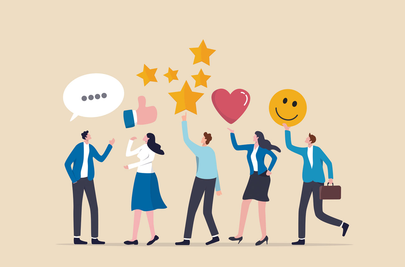 Illustration of five diverse business people holding up various positive feedback symbols. From left to right: a man with a speech bubble, a woman giving a thumbs up, a person holding stars, a woman with a heart, and a man with a smiley face. The image represents customer satisfaction and positive reviews.