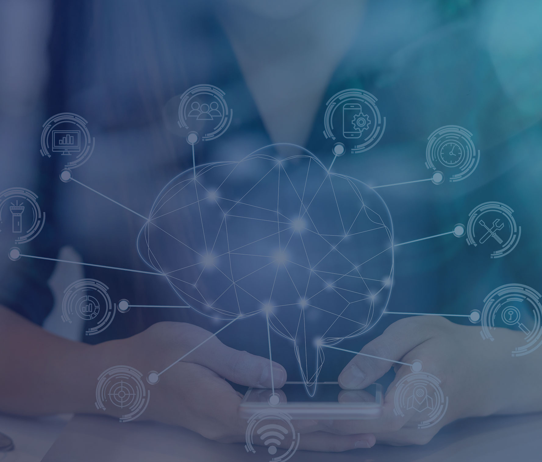 Professional woman in plaid shirt using smartphone with digital brain overlay connecting to various icons representing AI technologies and functionalities in learning and development